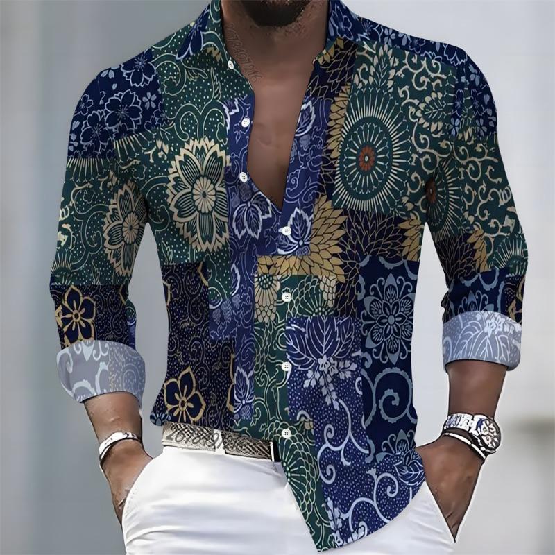2026 Spring/Autumn New Men s Long-Sleeved Shirt, Retro Japanese Patchwork Print, Fashionable Casual Loose Collar Shirt S