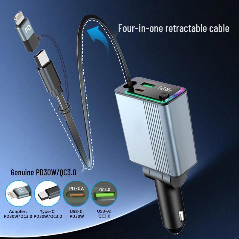 Fast-Charging Car Charger with Ambient Light and 3-Way Cigarette Lighter Converter, Type-C Retractable Flash Charging