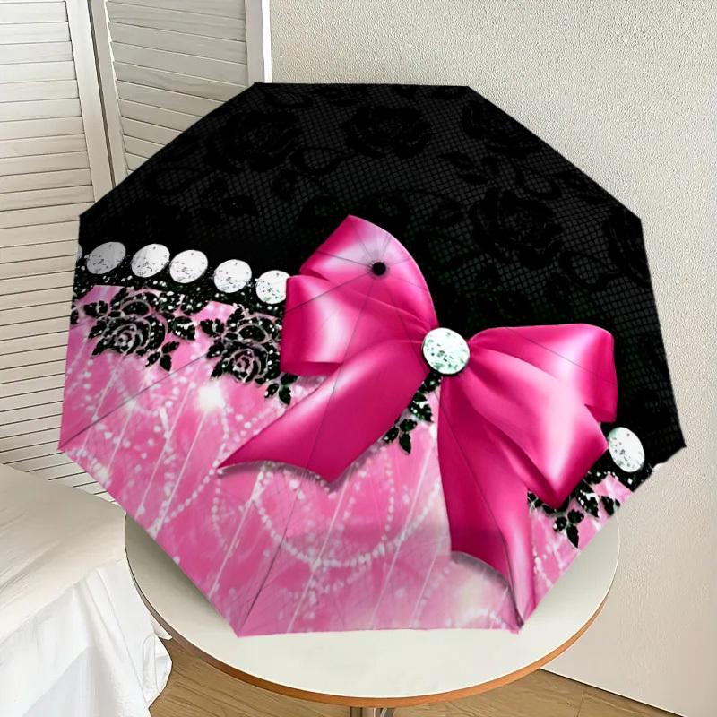 1PC Bow Diamond Umbrella-8-Rib Reinforced, Automatic Open, Lightweight & Durable, Cute Fashion Accessory for Outdoor, Beach, or Casual Use, Beach Umbr