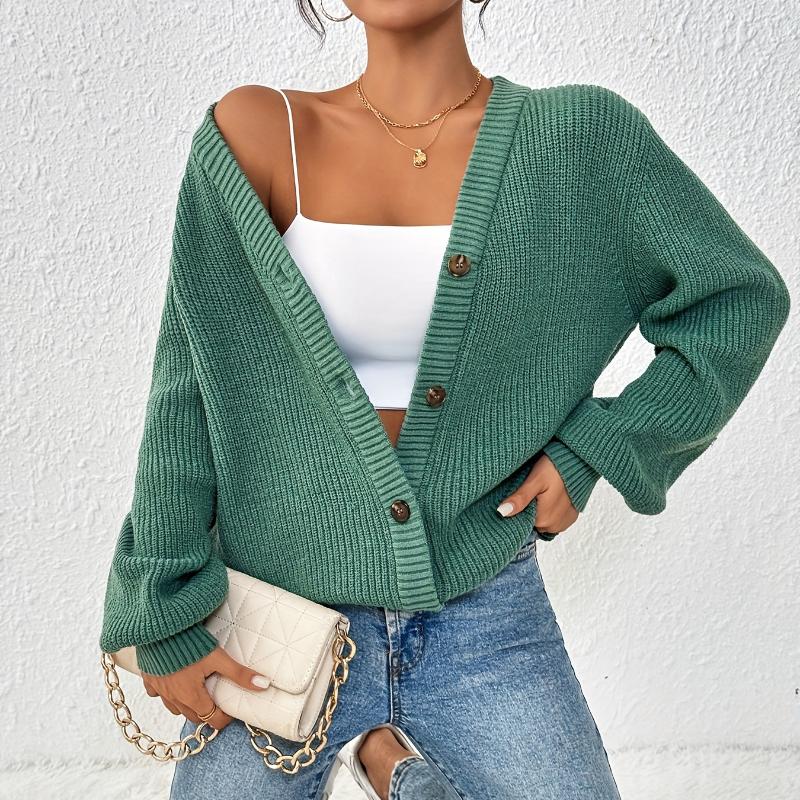 Elegant Women's Knitted Cardigan Sweater Jacket - Plain Color, Front Button, Autonomous Pattern - Spring and Autumn