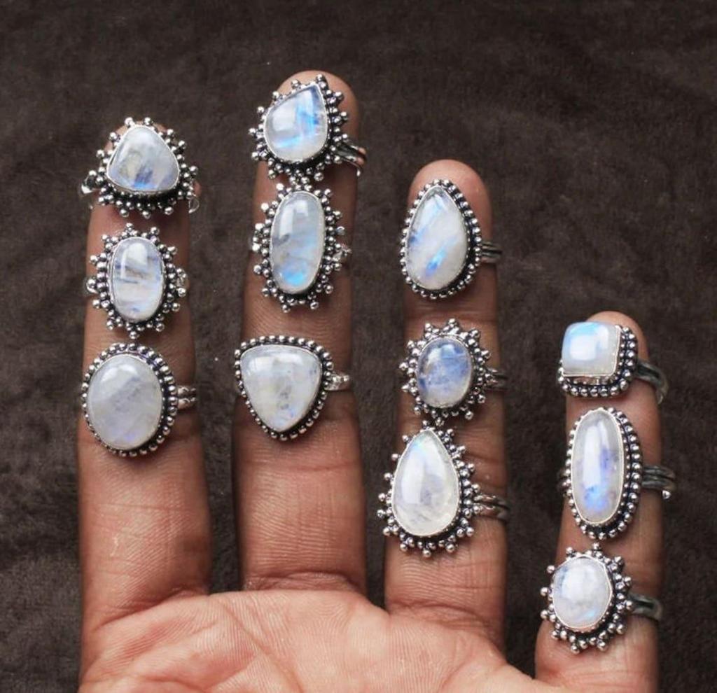 Natural Rainbow Moonstone Ring, Gemstone Ring, White Moonstone Crystal Handmade Ring, Boho Fashion Ring For Women, Wholesale Rings Jewelry