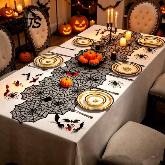 Space-saving Halloween Decoration Table Runner, 18 X 72 Inch Gothic Black Lace Spider Dramatic Cover Web Runner for Kitchen Dinner Centerpiece, Party