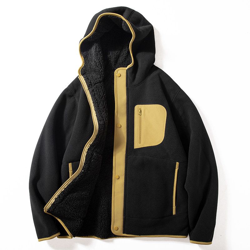 Fleece Jacket for Men, Autumn and Winter 2024 New Style, Contrasting Color Stitching, Casual Hooded Cotton Coat, Fleece-Lined, Thickened, Warm Jacket