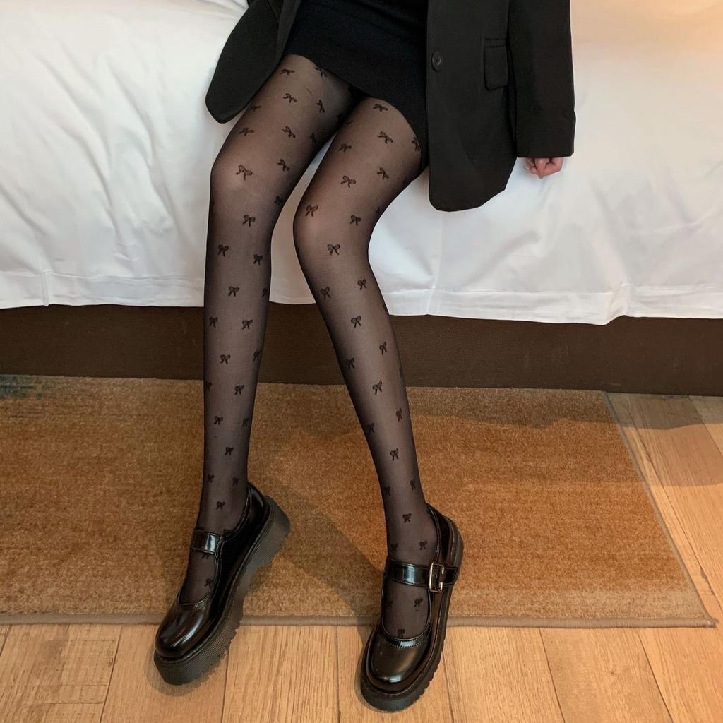 Black Bowknot Stockings Thin Summer Hot Girl Black Silk Jacquard Student Versatile Pantyhose