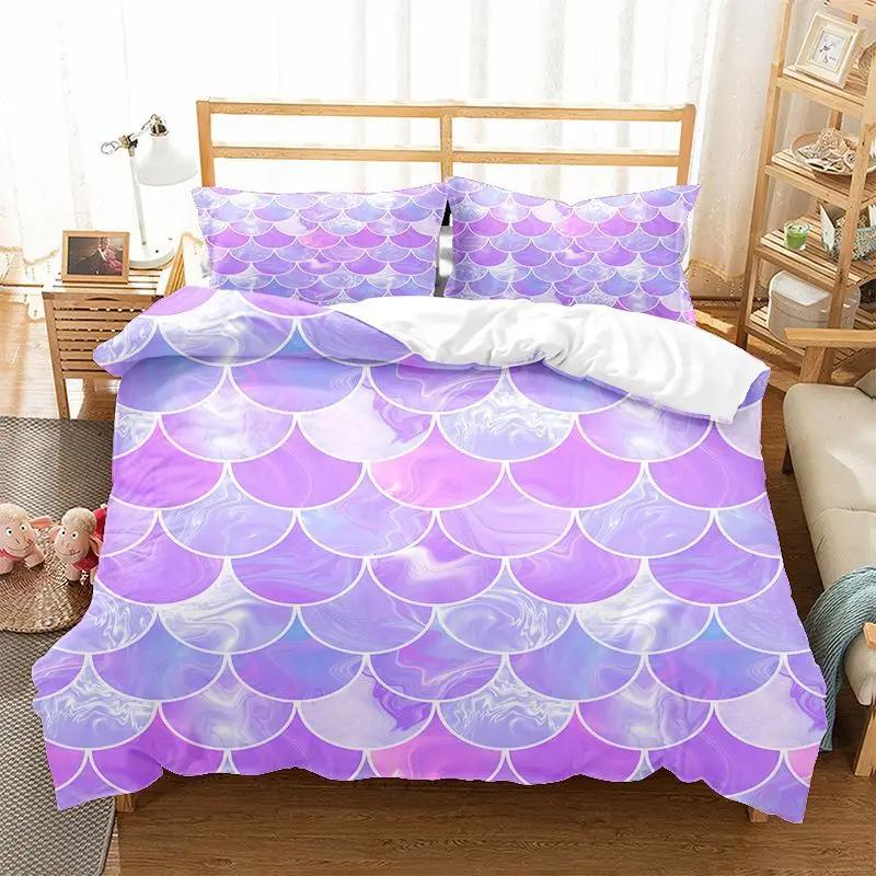 Comforter Mermaid Fish Scales Magical Colorful Seamless Pattern With Fish Scale Net Print Bedding Set Microfiber