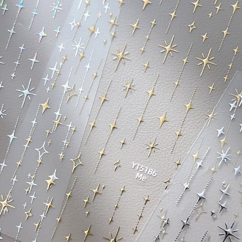 3PCS Rhinestones Relief Nail Art Decorations Self-Adhesive Gold Silver Stamped Nail Art Stickers Starlight Laser Glitter 3D Nail Art