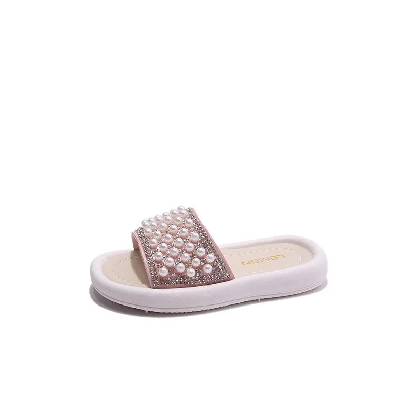 Summer Girls Pearl Soft Bottom Slippers Bling Slides Fashion Rhinestone Bathroom Shoes Home Shoes for Children H10293