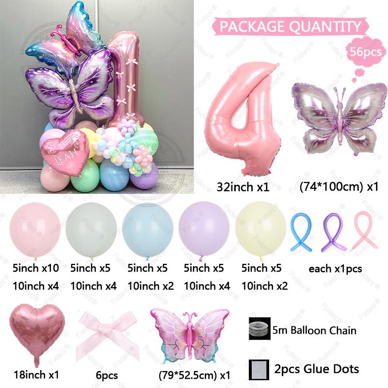 56pcs/set Butterfly Number Balloon Set Pink Numbers 1-9 Purple Butterflies for Valentine's Day Anniversary Birthday Party Decors