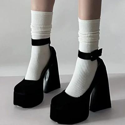 2024 Neue Frühjahrs- und Herbstmode Damen High Heels Sohle Schnalle Dicker Absatz Flacher Ausschnitt Sexy Reißverschluss hinten Erhöhte Schuhe