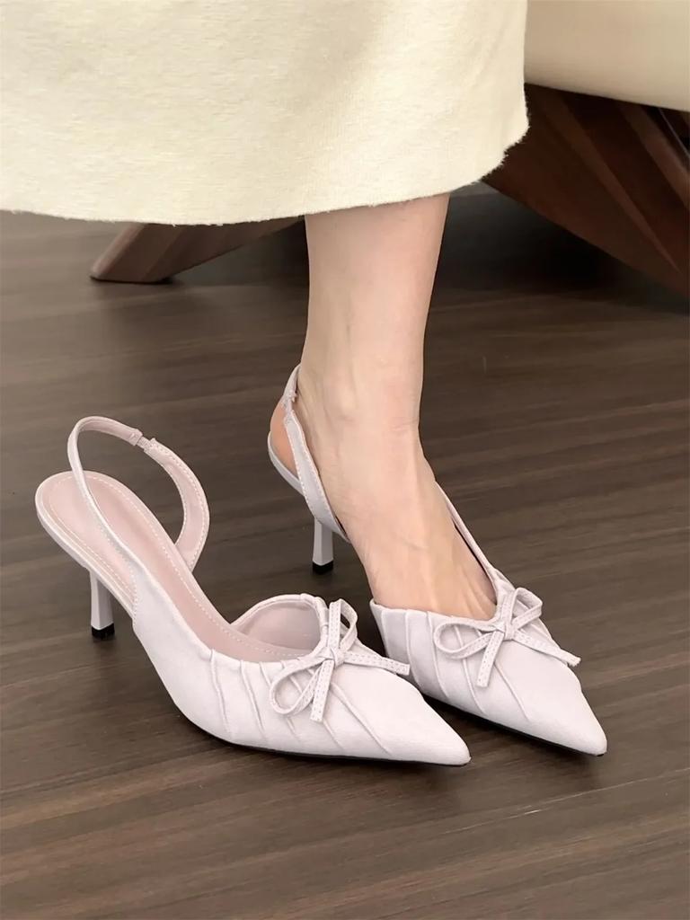 Women Bowknot High Heels Pumps Women Summer Fashion Leopard Thin Heel Sexy Pointed Slingback Sandals Elegant Party Dress Shoes