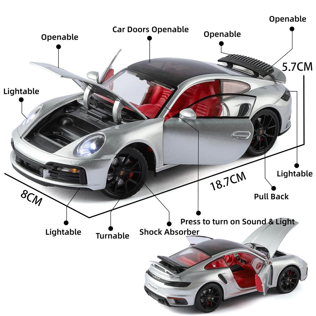 1/24 Porsche 911 Turbo S Diecast Alloy Metal Toy Car Miniature Model Pull Back Sound & Light Doors Openable Collection Gift Boy