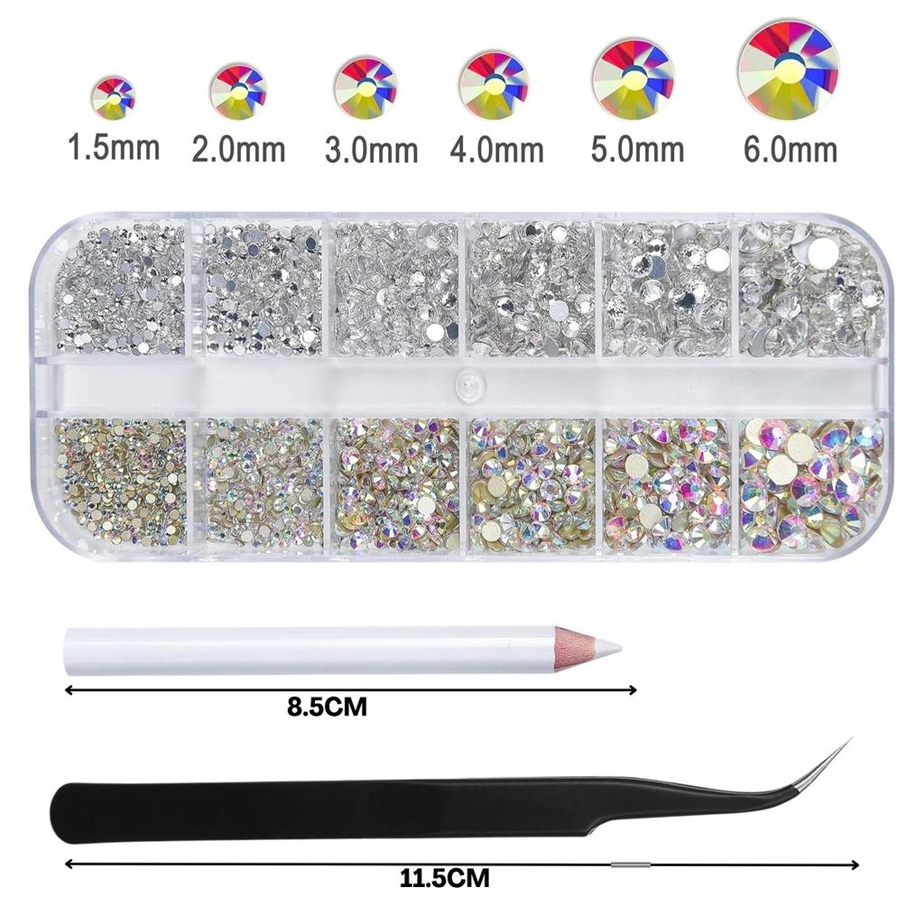Flavizo 12-Grid Nail Art Rhinestone DIY Set - AB Crystals & Silver Crystal Stones Kit with Wax Drill Picker Pencil & Tweezer | Nail Accessories for