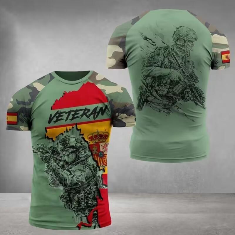 Summer Round Neck 3D Spanish Flag Veteran Print Top Fashionable Casual Short Sleeved Men's T-shirts