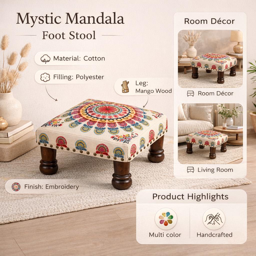 Mystic Mandala Embroidered Foot Stool - Multicolor Cotton Ottoman with Mango Wood Legs, 40 X 40 X 22.5 Cm
