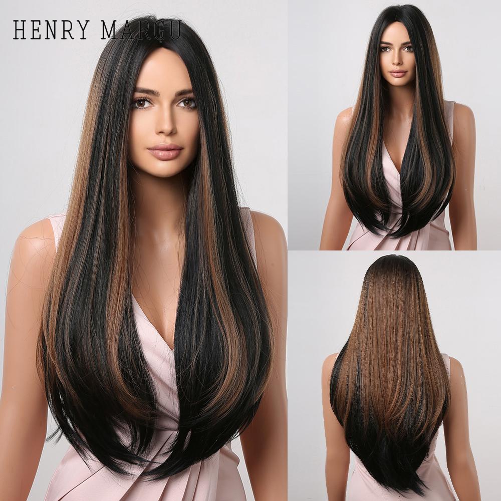 HENRY MARGU Ombre Dark Black Brown Synthetic Wigs with Bangs Layered Hair Wig for Black Women Party Cospaly Heat Resistant