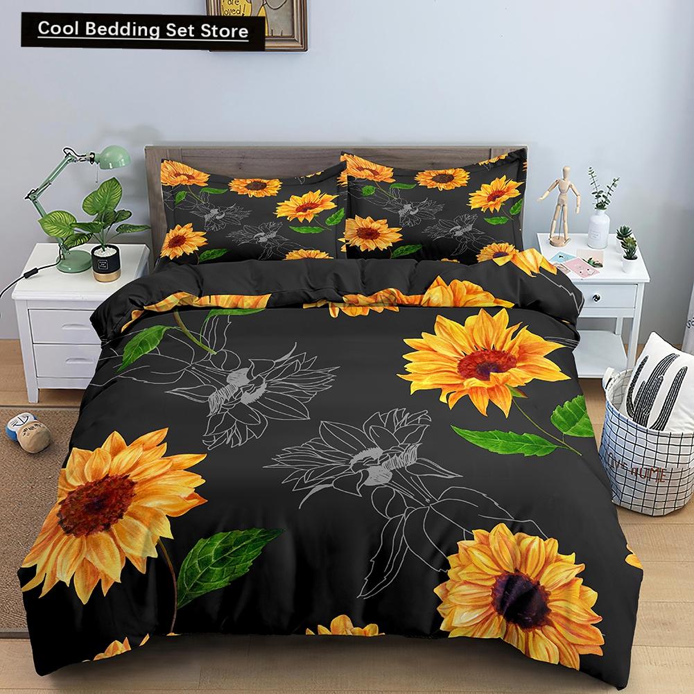 3D Sunflower King Queen Duvet Cover Yellow Flowers Bedding Set  Floral Green Leaves Comforter Cover 2/3pcs Polyester Quilt Cover