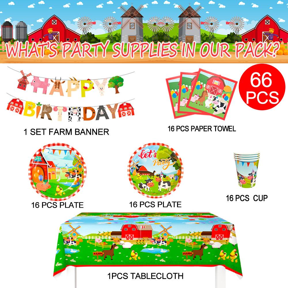 130 Stück Bauernhof Tiere Tischgeschirr für Kinder, Bauernhof Geburtstag Dekorationen Tischgeschirr Set - Bauernhof Party Teller Becher Servietten Tischdecke Banner etc.