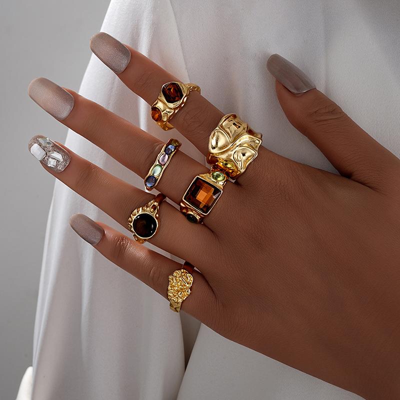 6Pcs/Set Punk Gothic Colorful Crystal Metal Rings for Women Men Geometric Irregular Gold Color Ring Wild Party Jewelry Wholesale