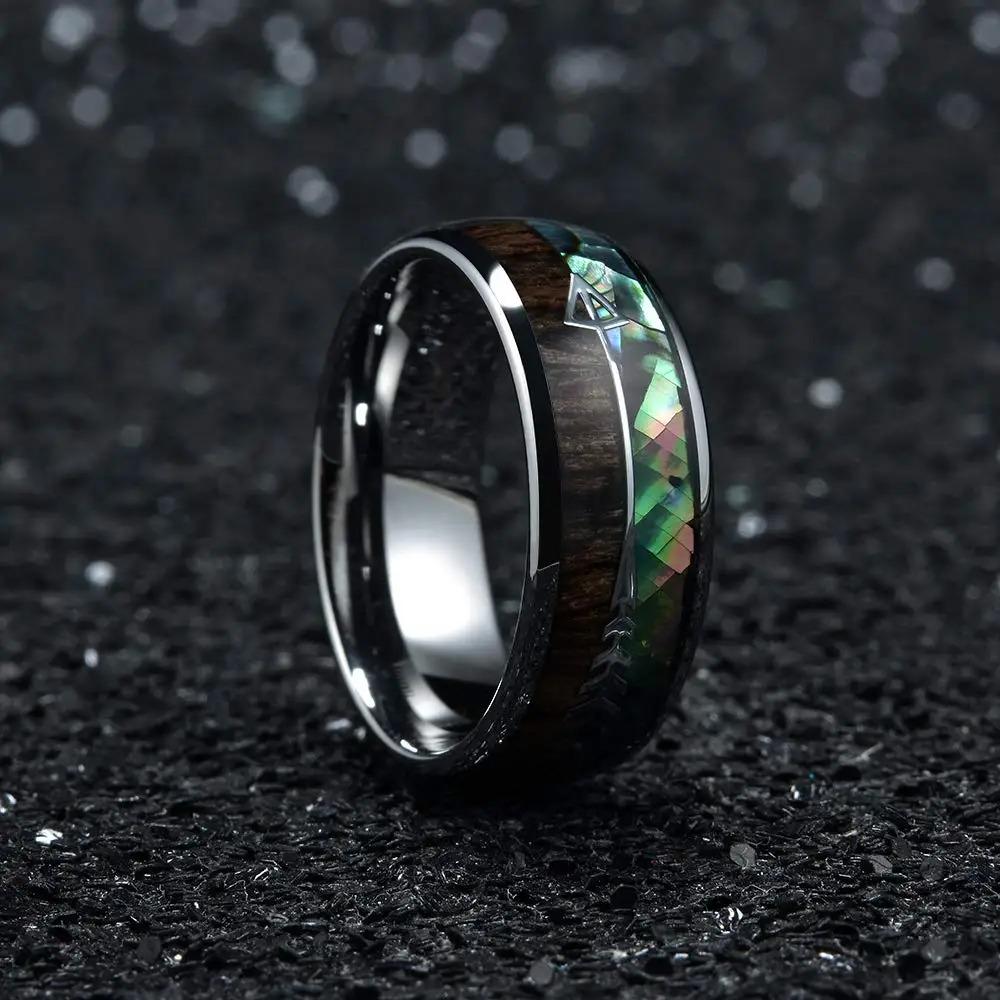 Mode 8mm Herren Edelstahl Pfeil Ringe Einlage Regenbogen Abalone Muschel Koa Holz Ringe für Herren Damen Ehering Schmuck Geschenk