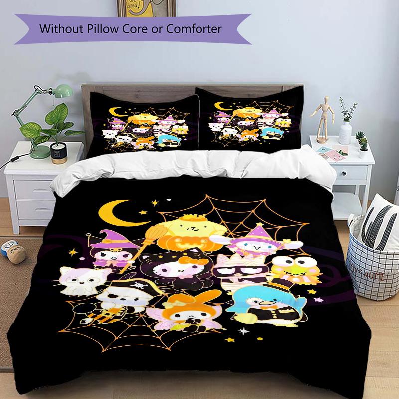 3pcs Hello Kitty and Friends Halloween Printed Bedding Set, Soft and Comfortable Quilt Cover for Bedroom, Guest Room (Not Included).W036