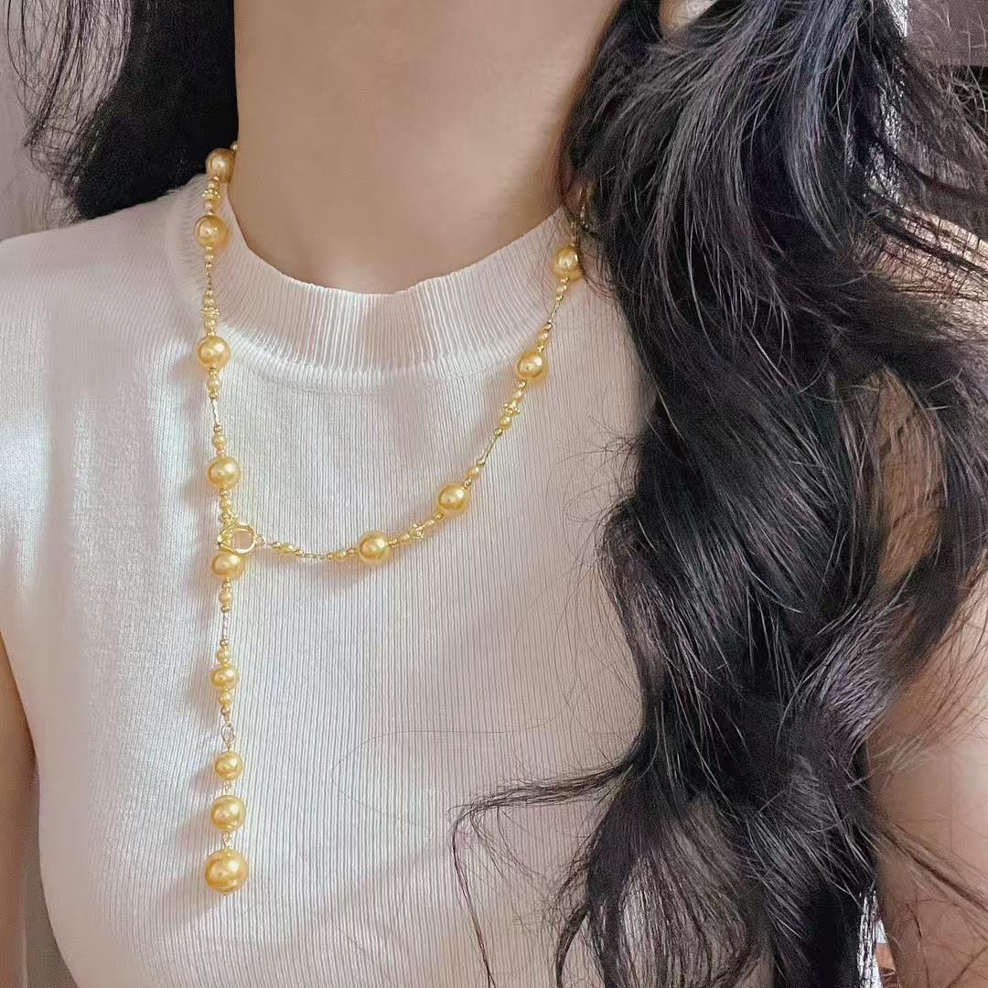 Vintage High Quality Gold Faux Crystal Gradual Change Size Smile Pearl Collarbone Chain Necklace Sweater Chain