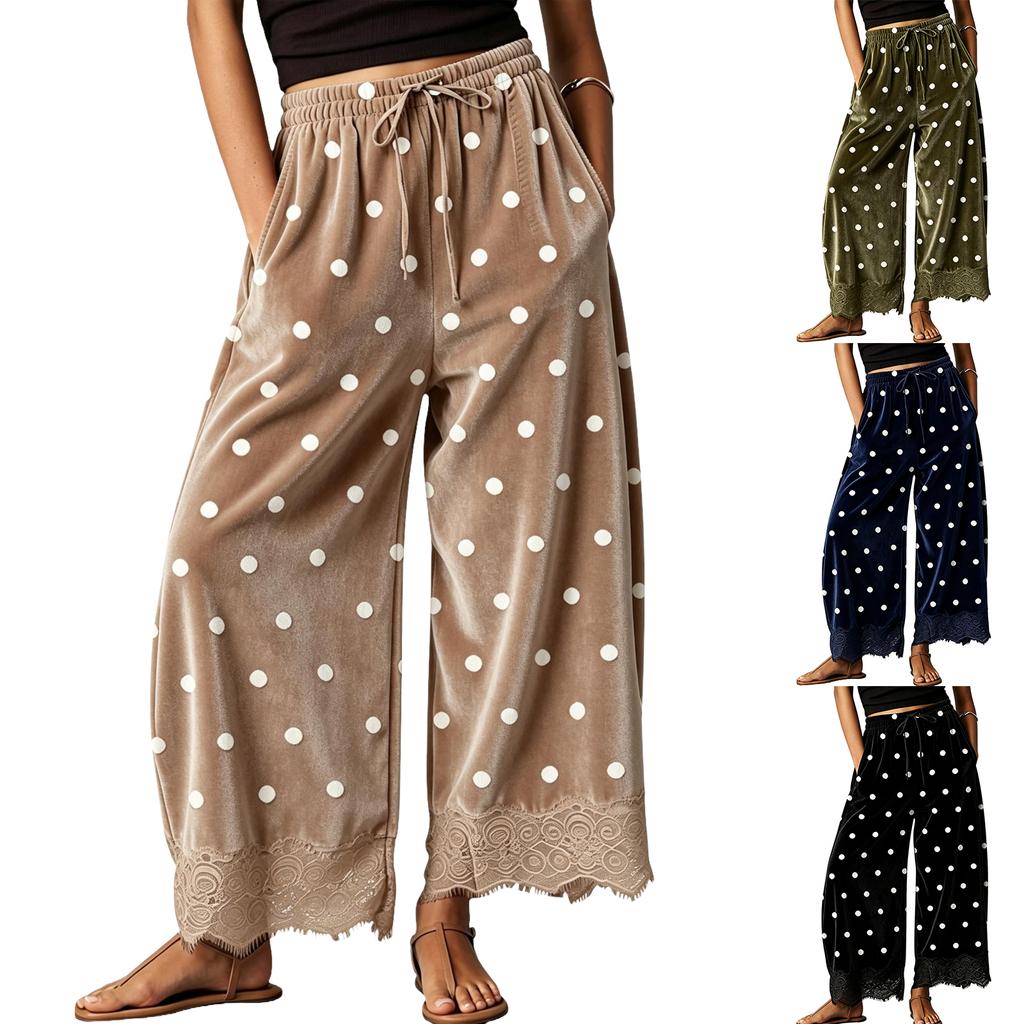 Women's Velvet Wide Leg Pants with Polka Dot Pattern and Lace Trim