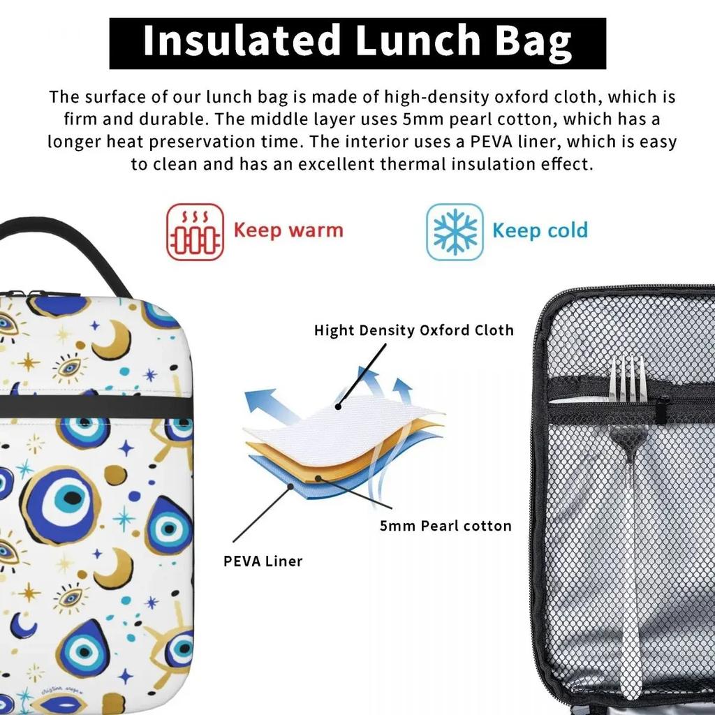 Albastru Auriu Ochiul Răului Izolat Termic Geantă de Prânz Amuletă Hamsa Nazar Boho Portabil Recipient de Prânz Depozitare Cutie Alimente