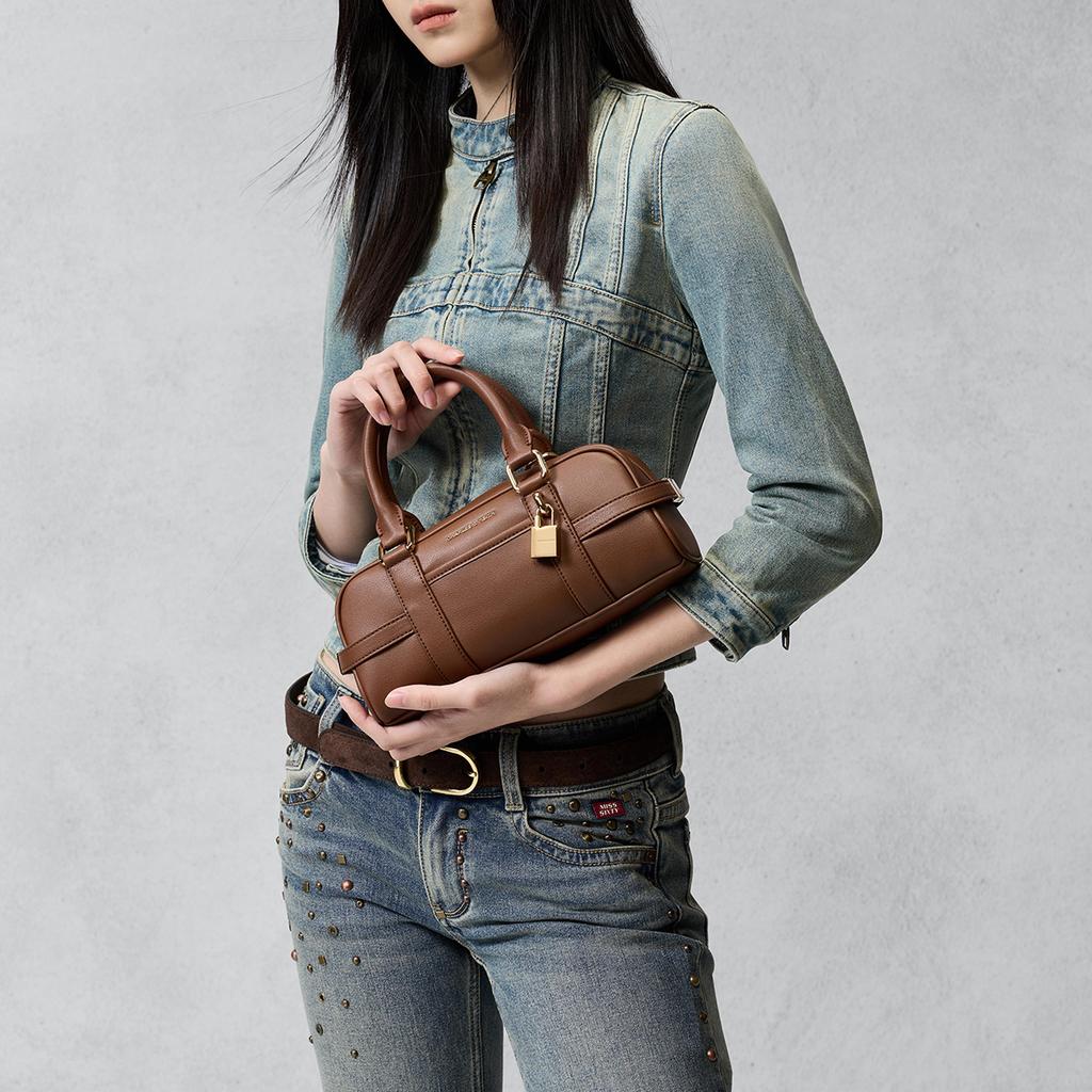 Charles & Keith Small CK 26 Spring Vintage Boston Bag Women Handbag Chocolate Cream CK2-30782785