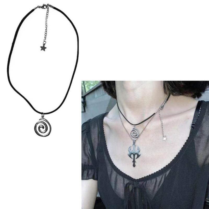 Spiraled Pendant Necklace Vintage Alloy Star Charm Neckchain Handmade PU Cord Neckwear Fashionable Neck Jewelry Gift