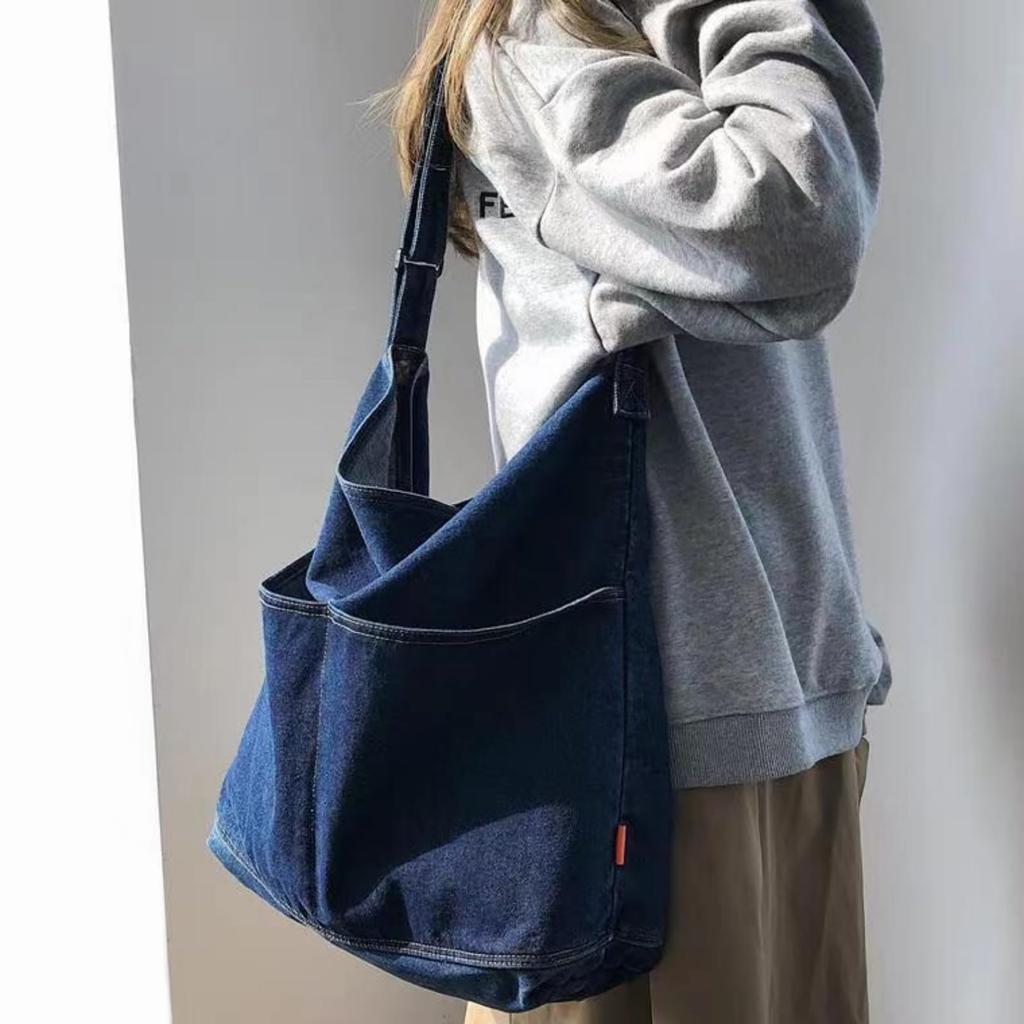 APOSITV Women's Denim Shoulder Bag, Lightweight, Large Capacity, Crossbody Bag (Navy)