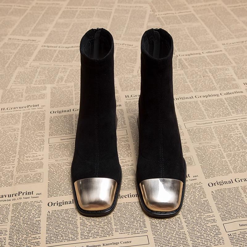 

Light luxury square head high heel thin boots women s autumn and winter new thick heel temperament bare boots advanced sense small short 34