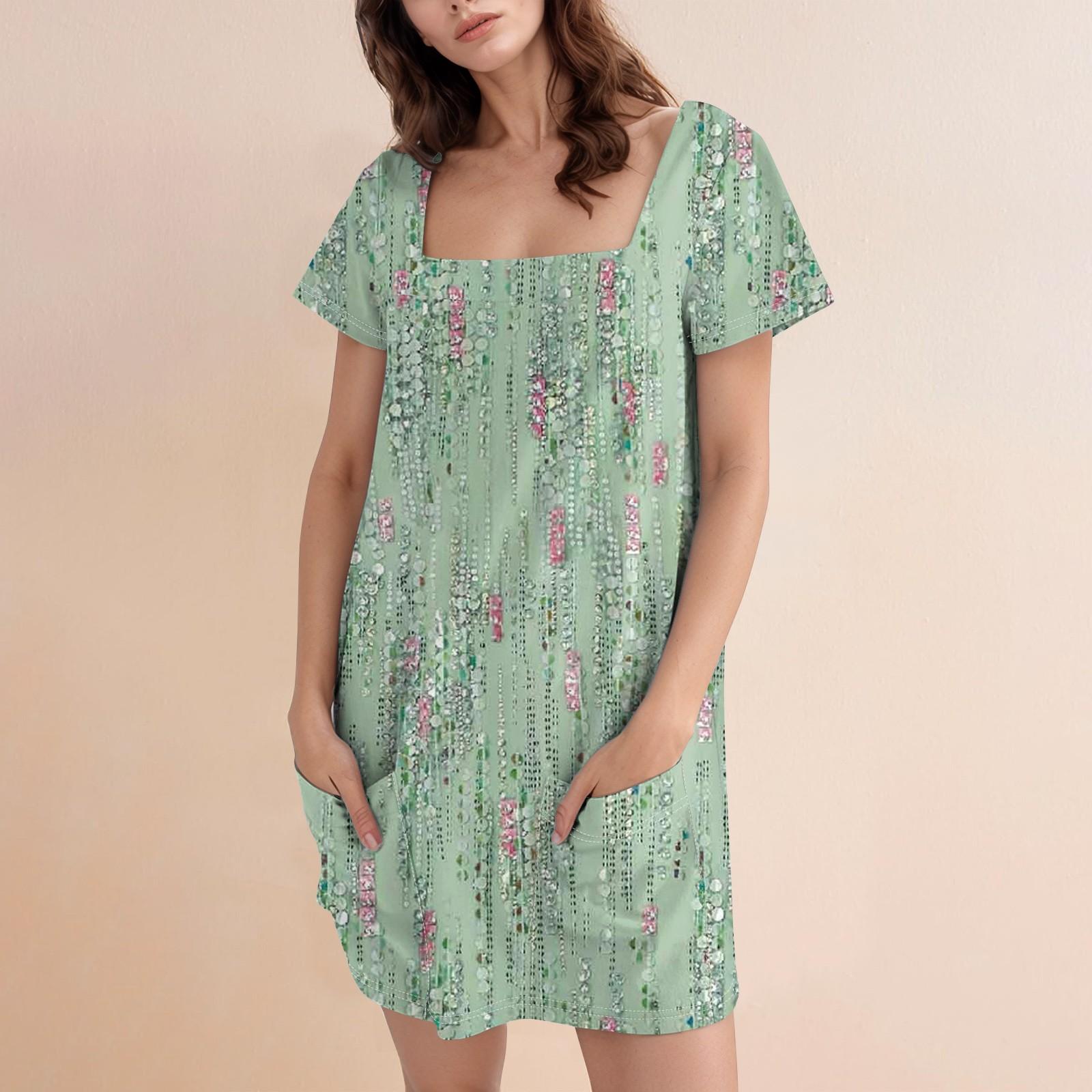 

Женская модная юбка с квадратным воротником и коротким рукавом, повседневное платье с цветочным принтом и карманом S зелёный