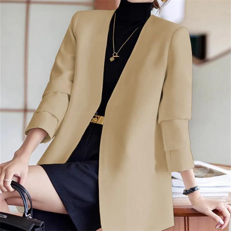 Spring Autumn Women s Collarless Open Front Blazer Loose Long Sleeve Casual Office Suit Jacket S