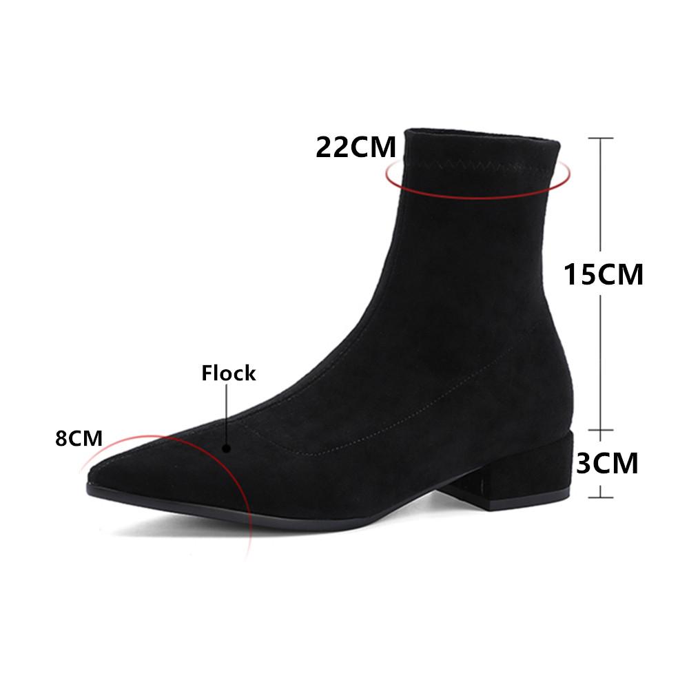 Fashion Autumn Winter Women Ankle Boots Square Low Heels Flock Pointed Boats Casual Comfortable Sock Booties Mujer Pumps Apricot Brown