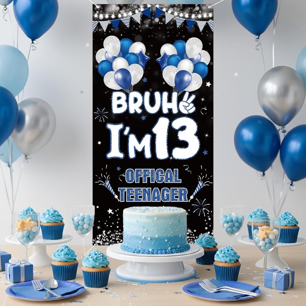 13th Birthday Decorations Door Cover Banner for Teenager Blue White Bruh I'm 13 Backdrop 13 Year Old Bday Background Sign Photo Props for Boys Teen