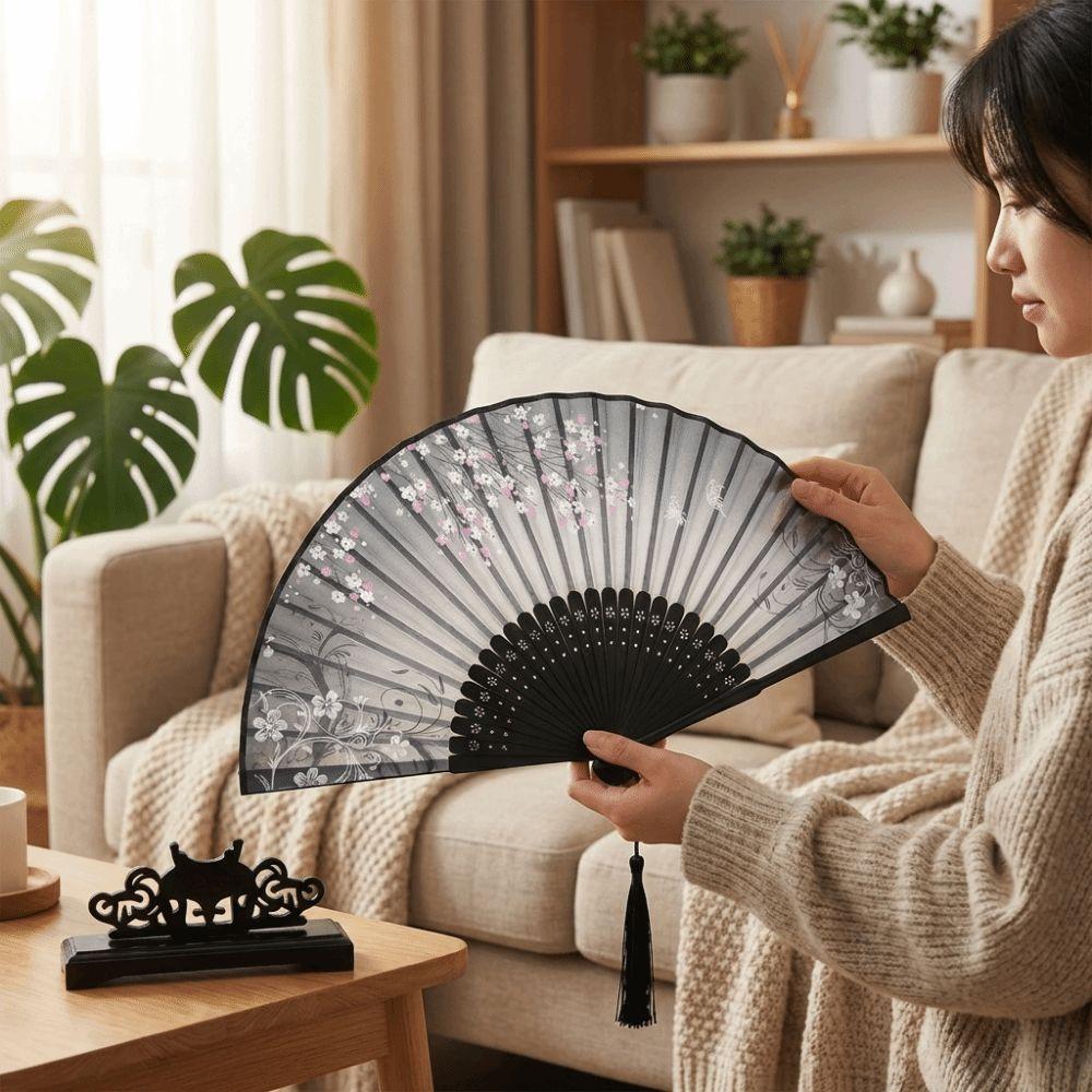 Floral Pattern Silk Bamboo Fan Translucent Decorative Fan Vintage Folding Fan Handmade Craft Handheld Fan Hanfu Fan Home Decor