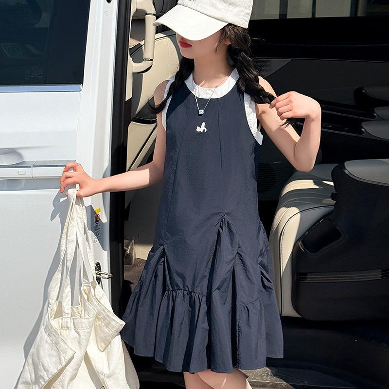 Summer Girls Princess Dress Kids Sleeveless Dress with Ruffles Design Dresses for Teen Child Casual Vacation Beach Dress 120 синий
