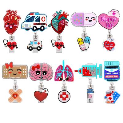 Unisex ID Name Cards Holders Retractable Badge Reel Cartoon Hospital Medical Icons Lovely Nurse Doctor Clip Brooches Keychains