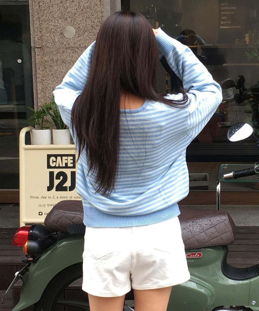 CGP (Women) V-Neck Striped Knit_Sky Blue