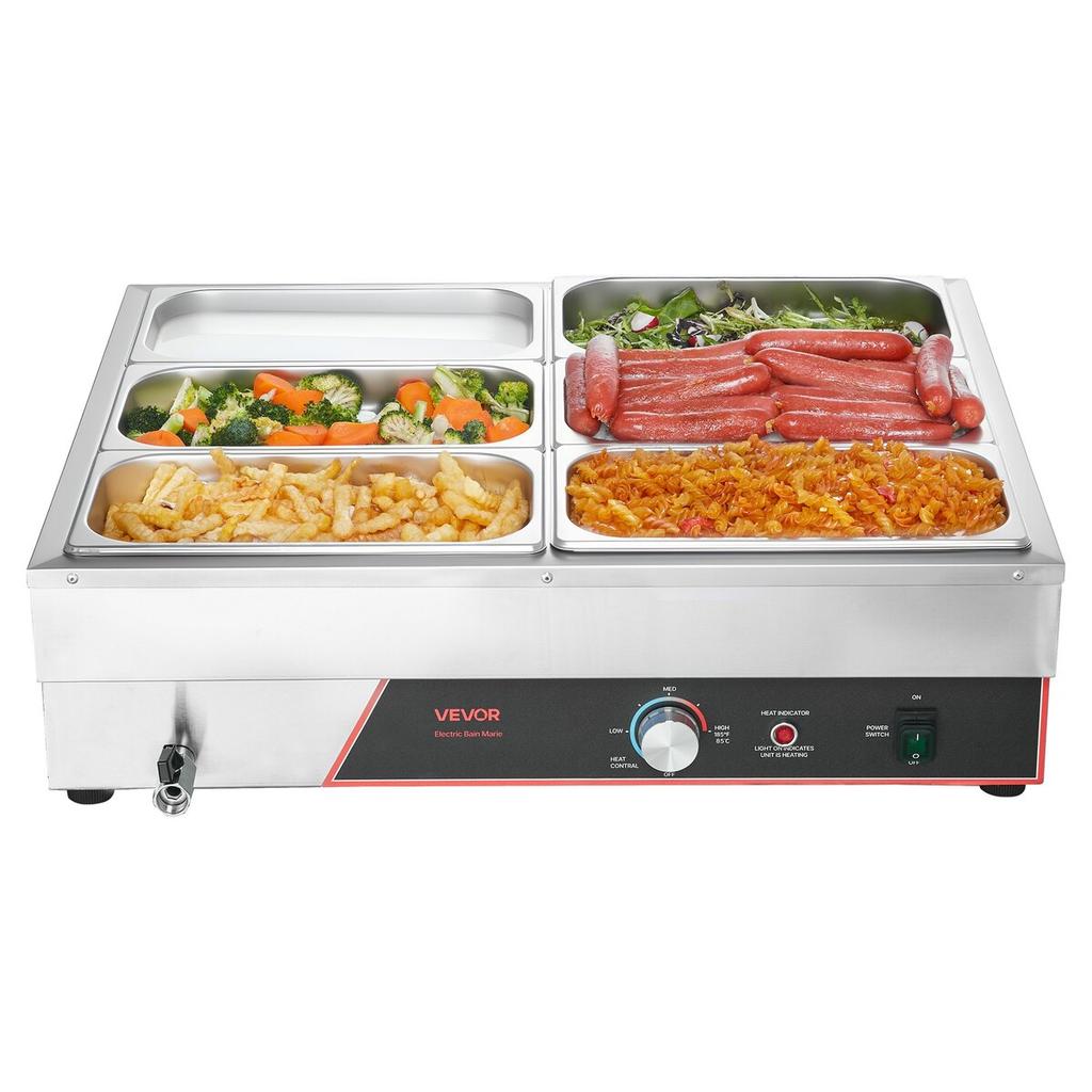 Commercial Food Warmer, 1500W Electric Stainless Steel Steam Food Warming with Lid, 6-Pan Fast Heating Countertop Buffet Bain Marie with Power Cord,
