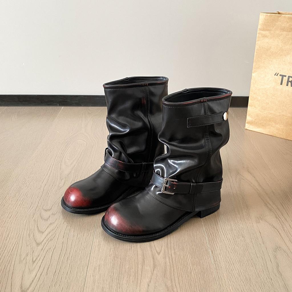 Polished retro stacked leather boots children's medium tube thick heel locomotive Martin boots 2025 autumn new western fashion short boots