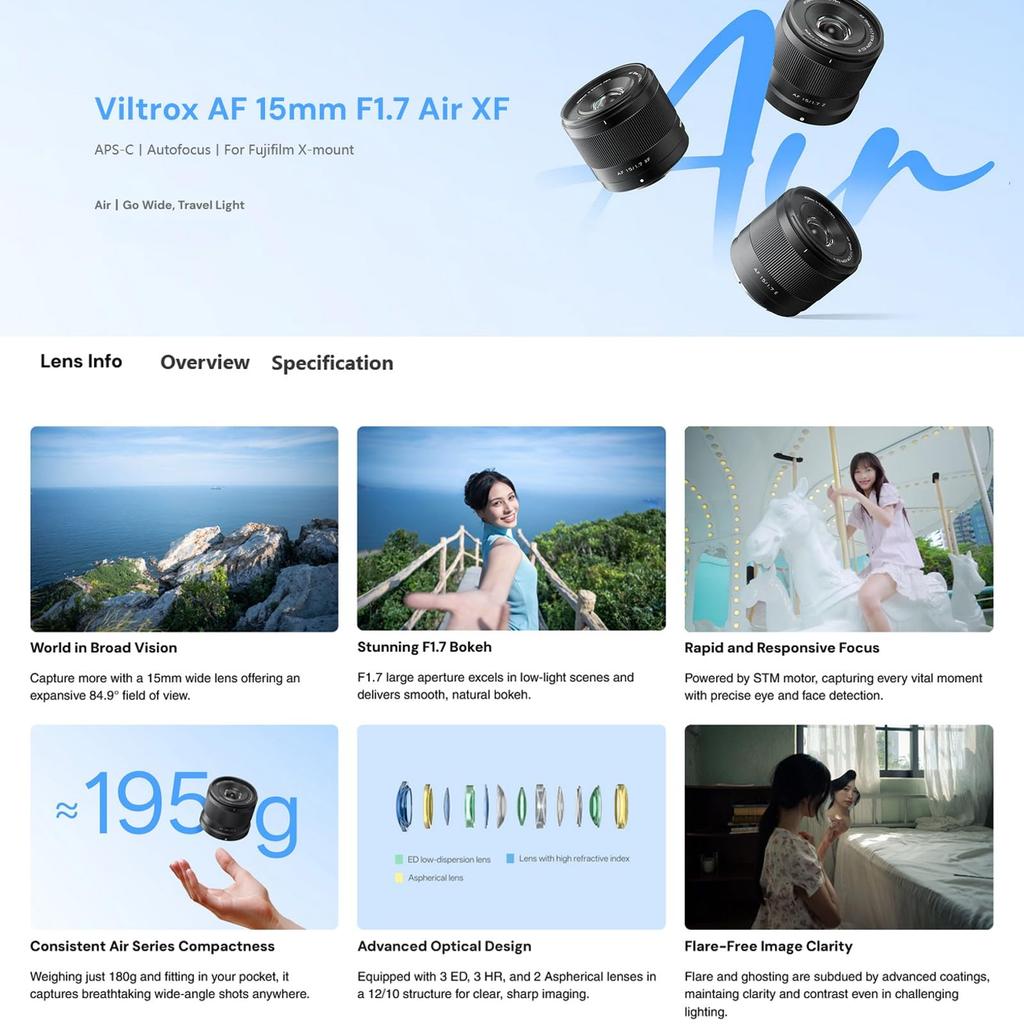 Viltrox 15mm Ultra Autofocus XF Lens for Fujifilm and F1.7 APS-C Wide-Angle X-Mount Cameras X-A7, X-E4, X-H1, X-Pro3, X-S10, X-T2, X-T3, X-T4, X-T30,