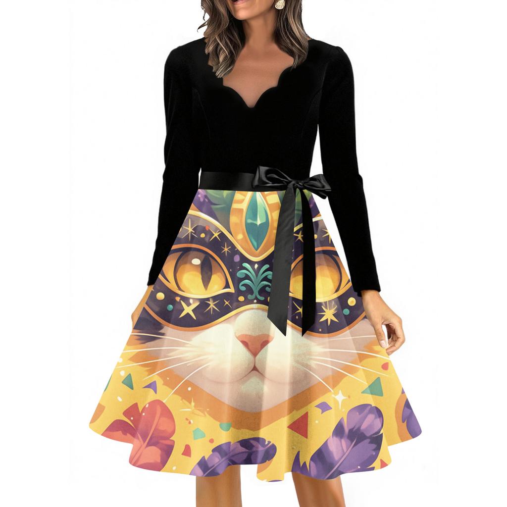 Women's Casual Fashion V Neck Long Sleeve Printed Vintage Long Dress