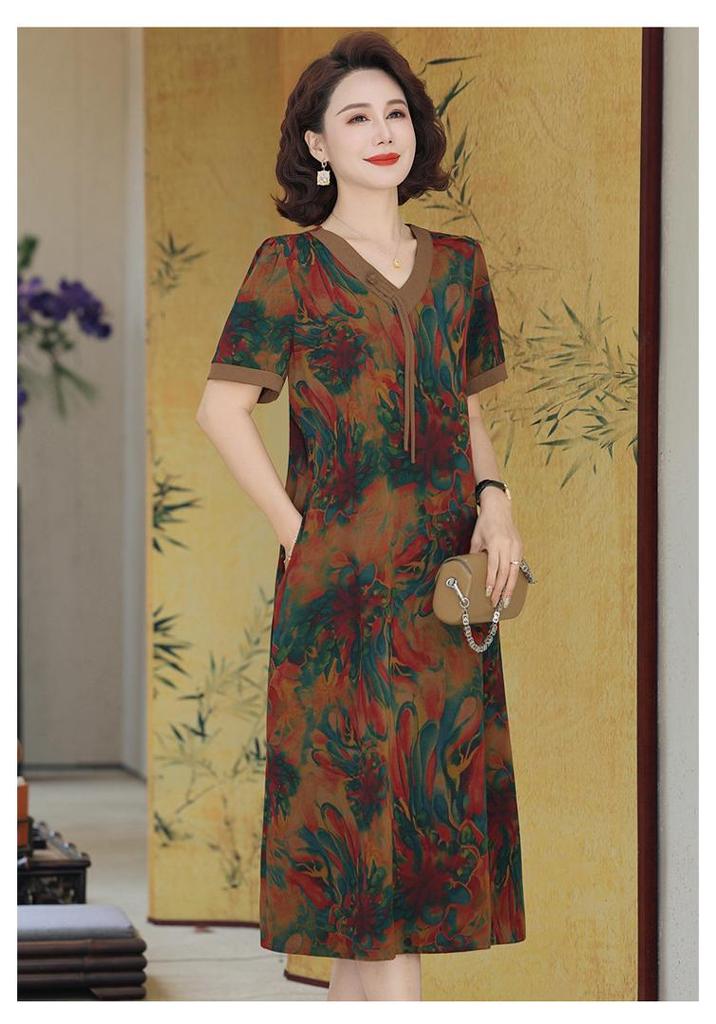 Elegant Short Sleeve Plus Size Summer Dress for Middle-Aged and Elderly Women