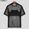 INCERUN Men O Neck Short Sleeve Letter Print Fishnet Mesh Sheer T-Shirts Tops