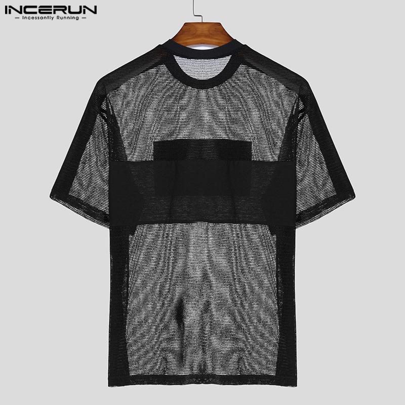 INCERUN Men O Neck Short Sleeve Letter Print Fishnet Mesh Sheer T-Shirts Tops