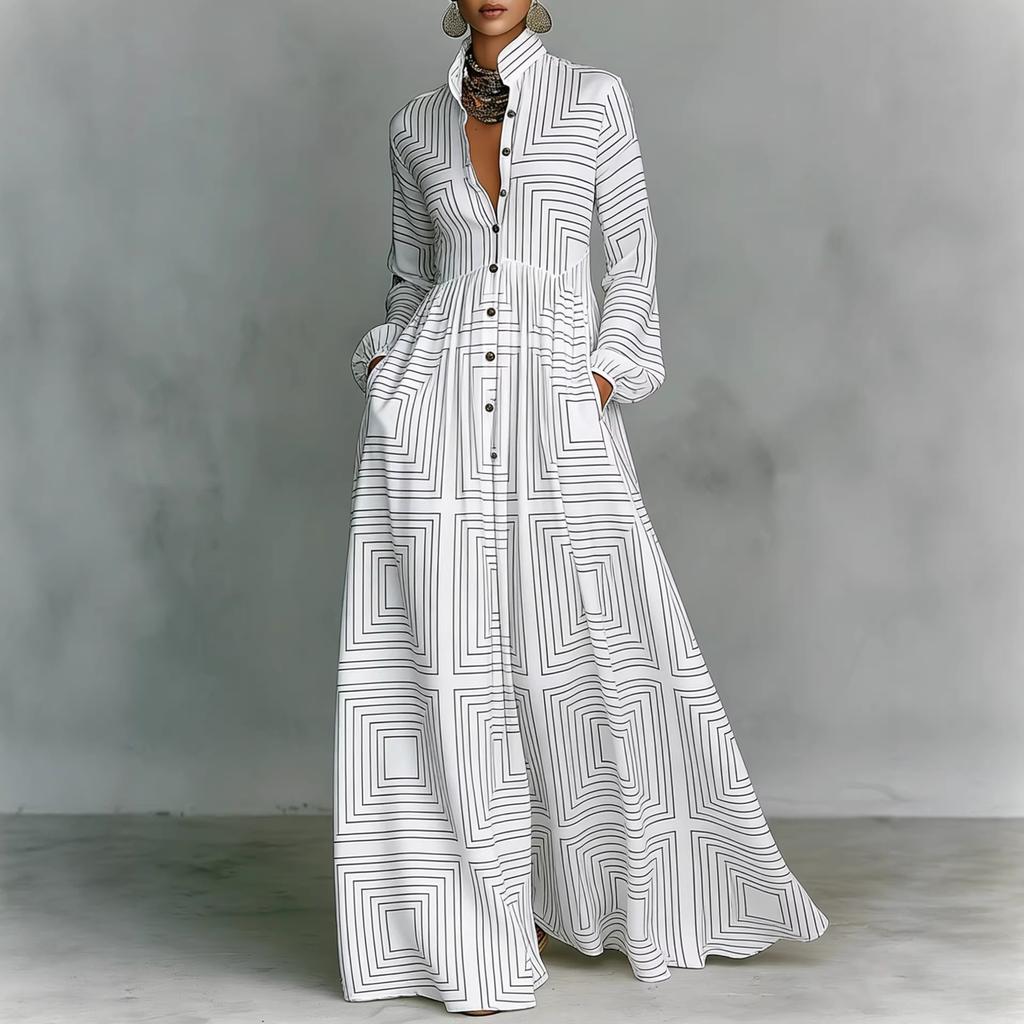 Women's Floral Print Maxi Shirt Dress Long Sleeve Button Front Casual Flowy Dress