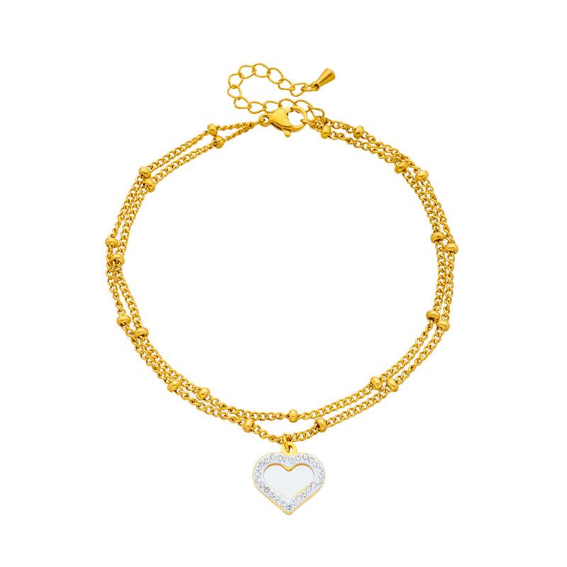 Gold Plated Double Layer Anklet with Hollow Heart Charm, Dainty CZ Paved Foot Chain for Women, Summer Beach Boho Jewelry