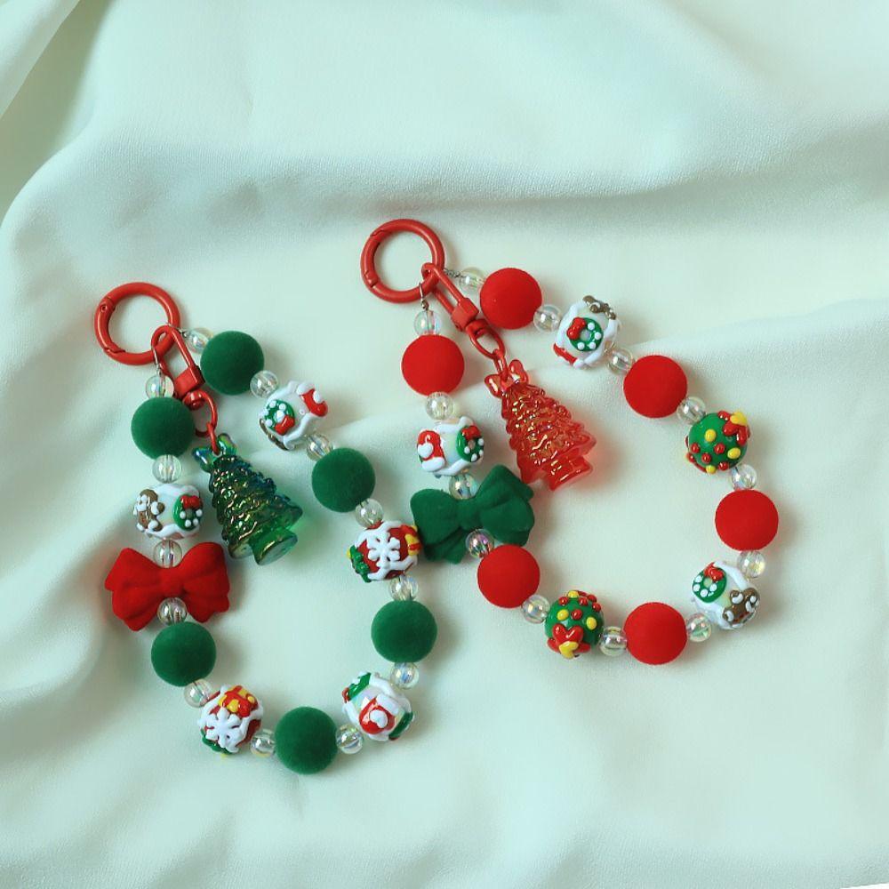 Flocked Bowknot Plush Beads Keychain Christmas Tree Beaded Cell Phone Lanyard  Christmas