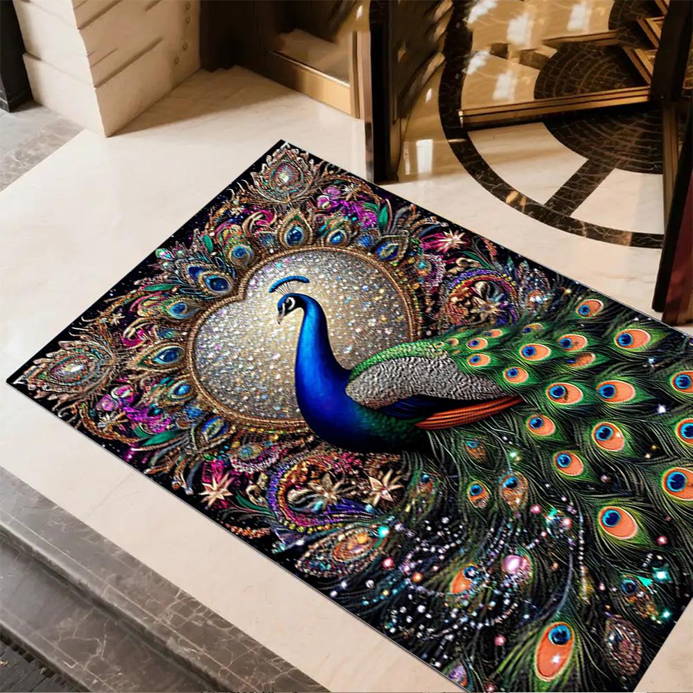 1pc Home Carpet Peacock and Flowers Non-Slip Design for Office Decor Living Room Bedroom Gift